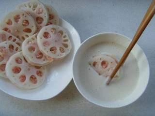 Crispy Lotus Root Stuffed with Pork step 4: Dip each stuffed lotus root piece into the batter, coating it evenly on all side