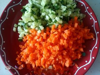 Beef and Vegetable Egg Drop Soup step 5: Dice the cucumber and carrot into small cubes.