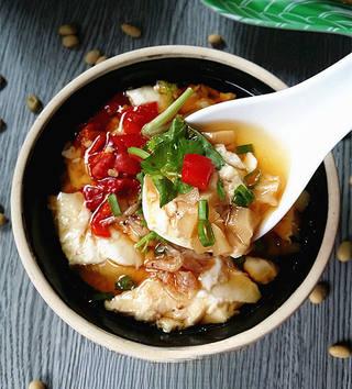 Savory Tofu Pudding step 13: Top with soy sauce, scallion oil, dried shrimp, pickled radish, pickled chilies,