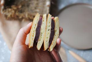 Japanese Dorayaki Recipe step 13: Slice in half to reveal the soft filling and fluffy texture.