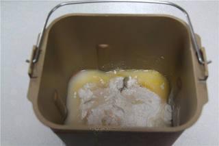 Savory Sweet Bread Recipe step 1: Combine the bread flour, sugar, salt, yeast, egg, and water. Knead until a rough
