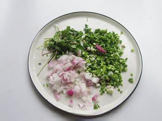 Pan-Fried Stinky Tofu step 3: Dice the onion and finely chop the garlic and cilantro.