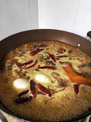 Braised Chicken with Shiitake Mushrooms and Root Vegetables step 9: Bring to a boil. If desired, add two hard-boiled eggs. Reduce to medium heat and