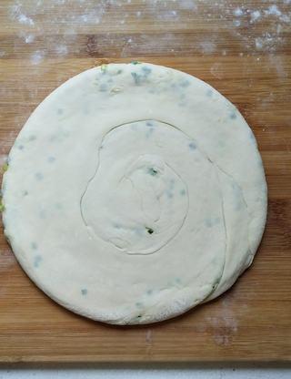 Scallion Pancakes step 9: Gently flatten the spiral into a pancake about 1 cm thick.