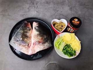 Steamed Fish Head with Chili Sauce step 1: Prepare all ingredients. Have the fish head cleaned and split open, then rinse t