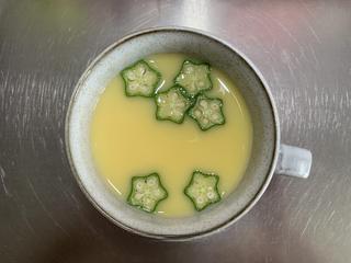 Steamed Egg Custard with Okra step 7: Arrange sliced okra on top of the strained egg mixture.