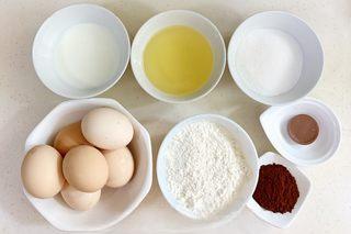 Chocolate Chiffon Cake step 1: Prepare all ingredients and preheat the oven to 150°C (300°F). Separate the egg