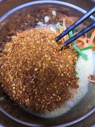 Fruit Kimchi with Napa Cabbage step 13: Add chili flakes.