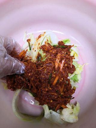 Fruit Kimchi with Napa Cabbage step 17: Spread the seasoning mixture evenly between every cabbage leaf.