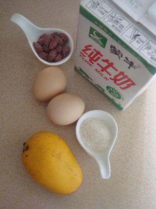 Steamed Milk Custard with Mango and Honey Almonds step 1: Prepare the eggs, whole milk, sugar, mango, and honey almonds.